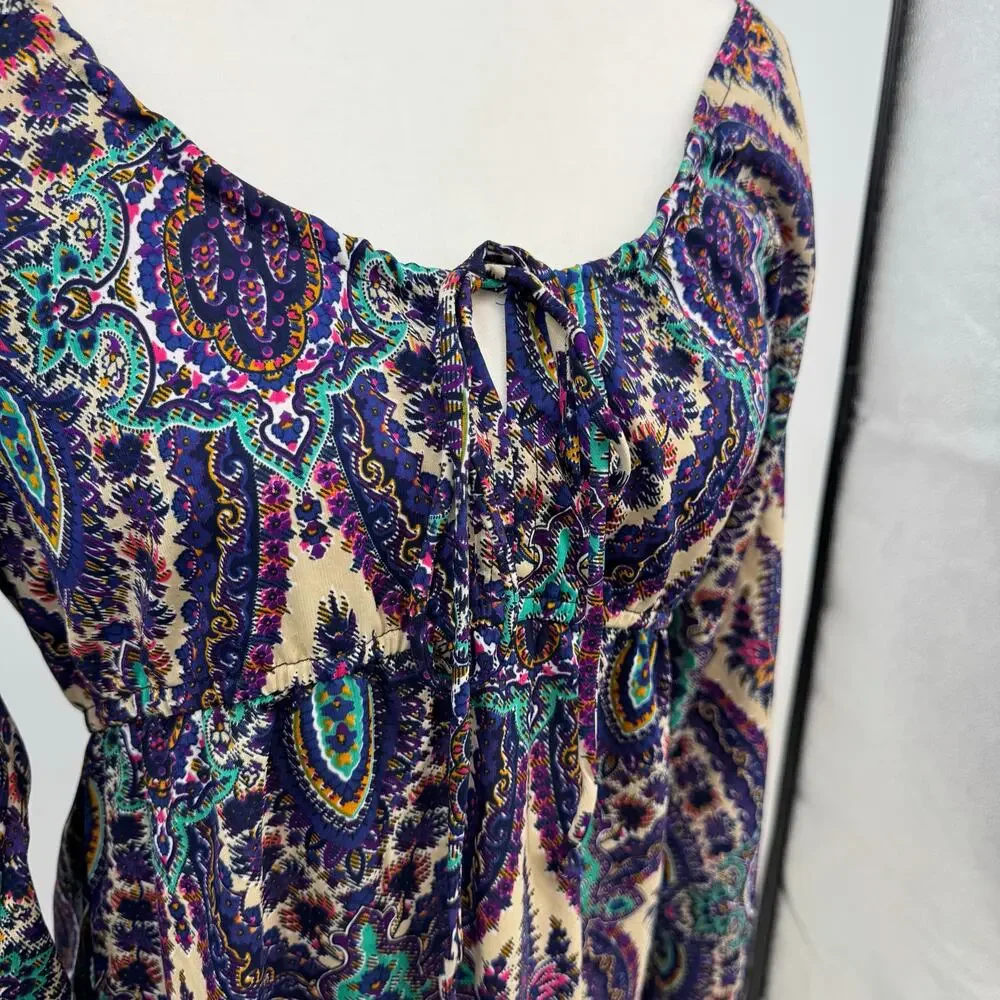 Earthbound Long Sleeve Midi Dress M Purple Paisley Y2K Tie Neck Babydoll Boho - Picture 3 of 9